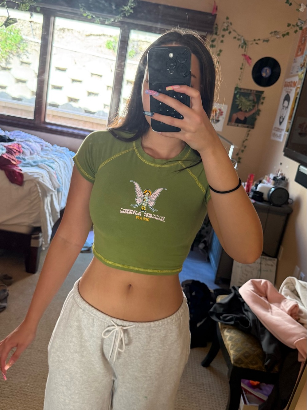 YesStyle Olive Green Fairy Graphic Crop Top